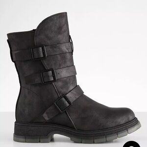 MIA Black Metallic faux leather side buckle boot, side zip, black, 7, never worn